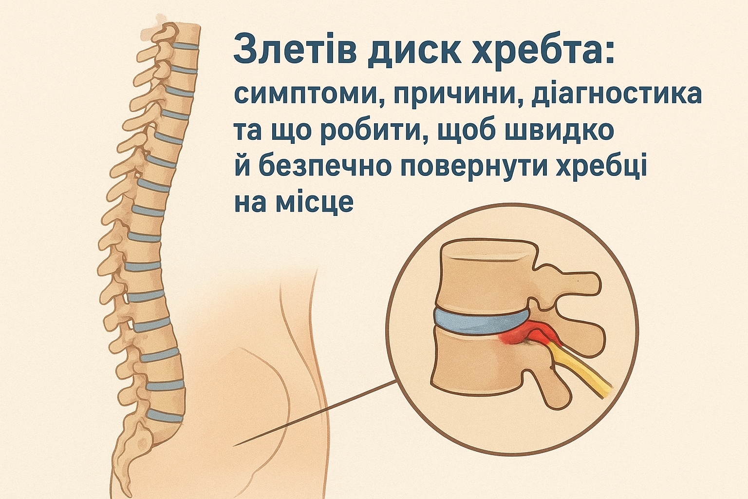 Злетів диск хребта: симптоми, причини, діагностика та що робити, щоб швидко й безпечно повернути хребці на місце