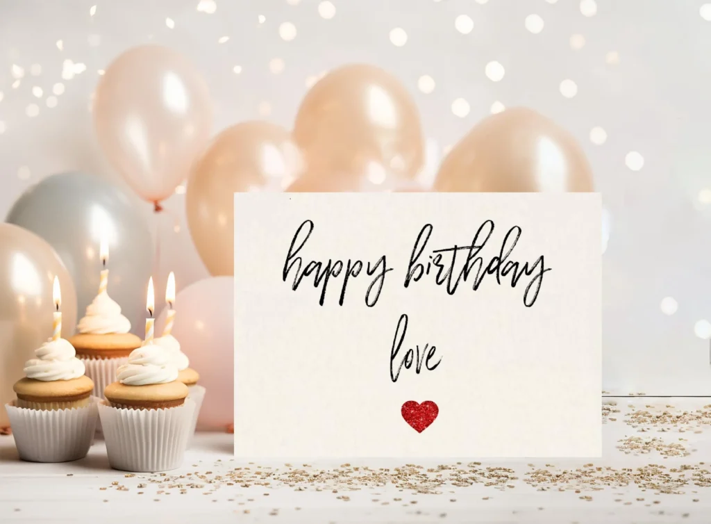 Ця ніжна листівка з квітами та написом «happy birthday love» додає тепла — навіть якщо привітання для друга чи брата.