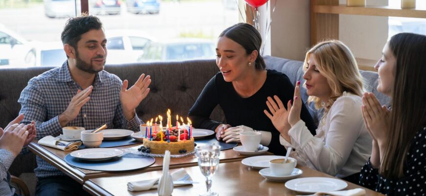 привітання з днем народження хрещеному — Friends celebrate a birthday indoors with cake, candles, and red balloons at a café. | ITmaxService